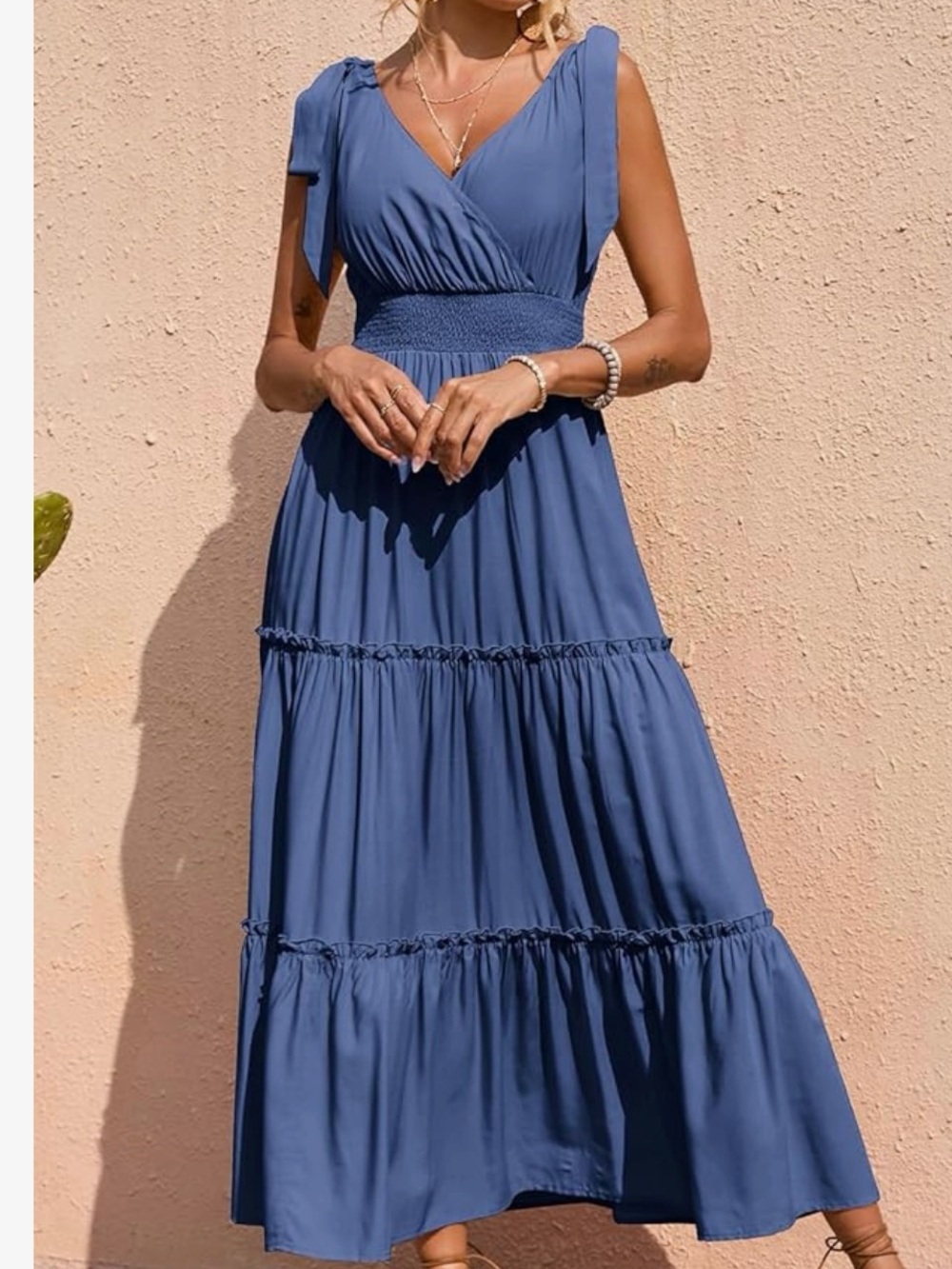 Smocked Waist Slate Blue Maxi Dress with Tie Straps